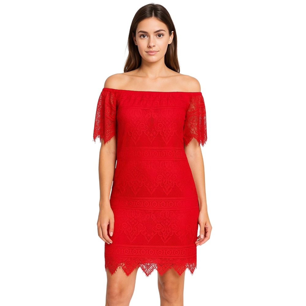 IN San Francisco Shift Dress Size‎ M Red Pink Off Shoulder Lace Mini Romantic